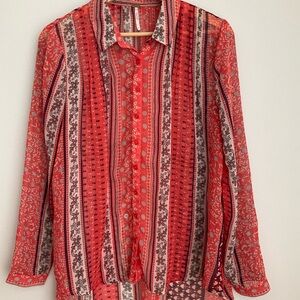 Free People SP Sheer Coral-Red Multi Pattern Button-Up  Tunic Blouse